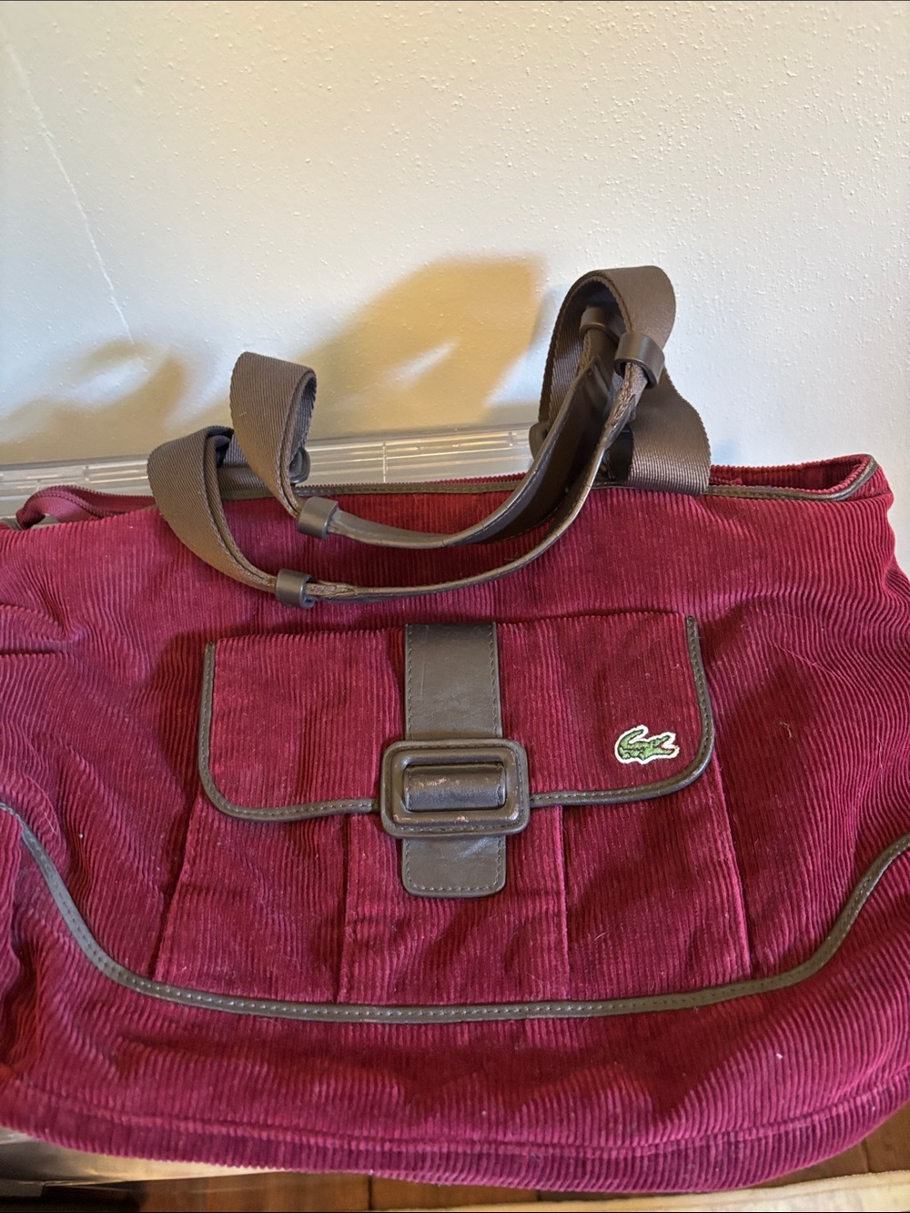 Lacoste Wine Red Corduroy Tote with Brown Trim